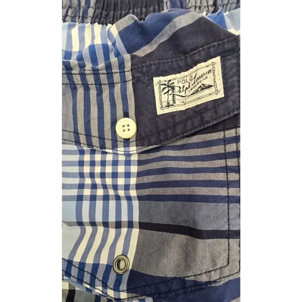 Vintage Polo Ralph Lauren Swim Trunks Mens L Blue Plaid Made Taiwan Palm Tree